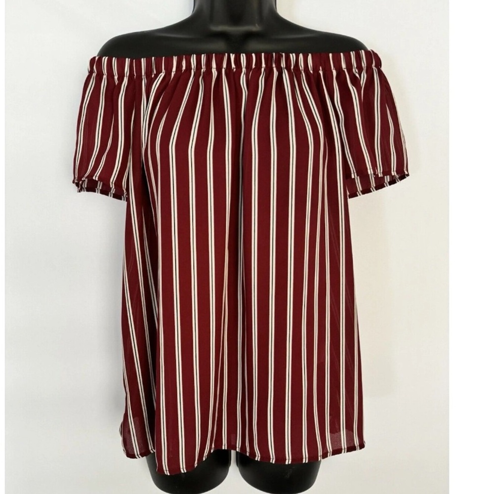 Striped Off-Shoulder Top - Burgundy and White
